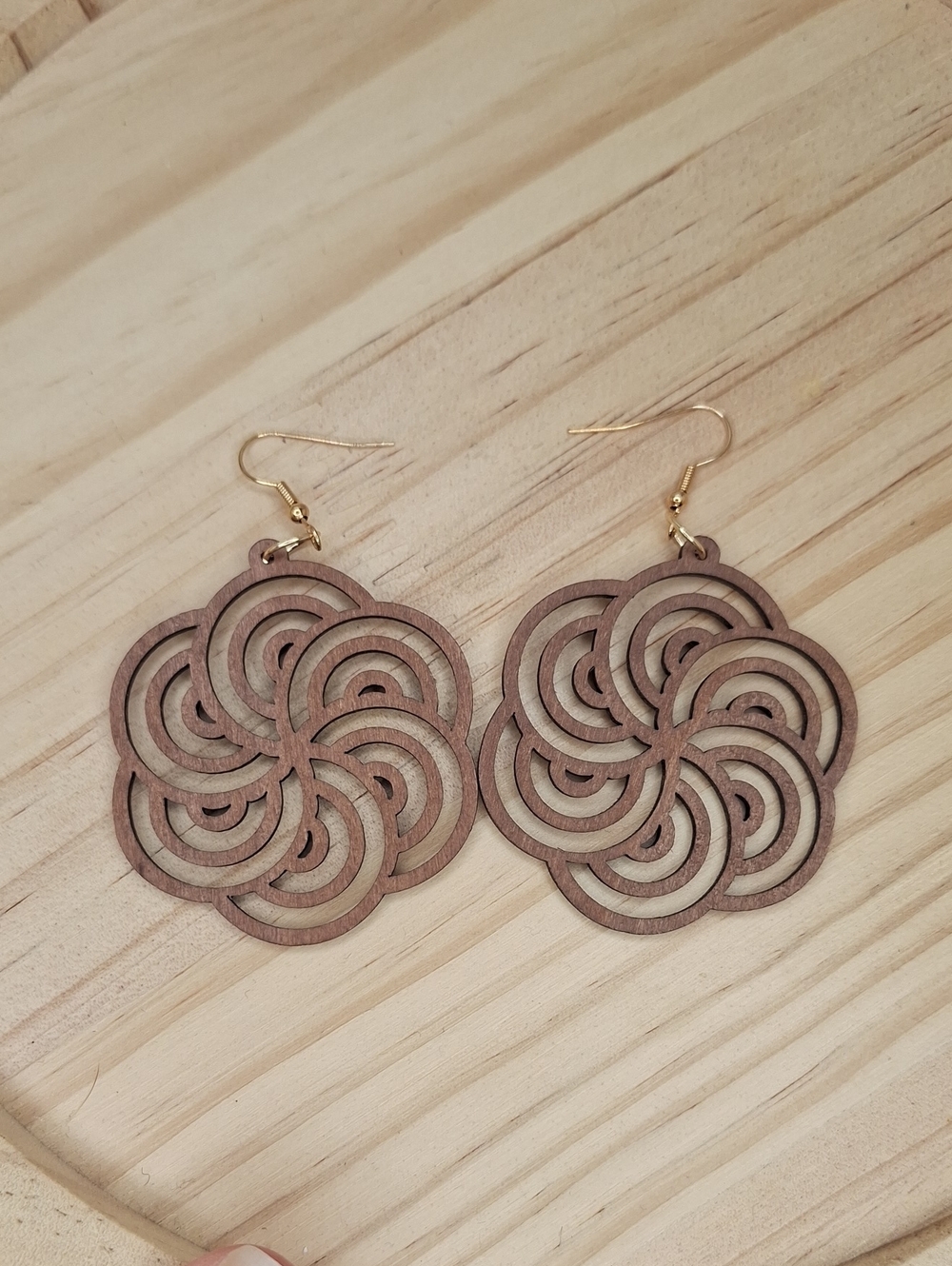 Brown Wood Spiral Flower Drop Earrings - Unbranded